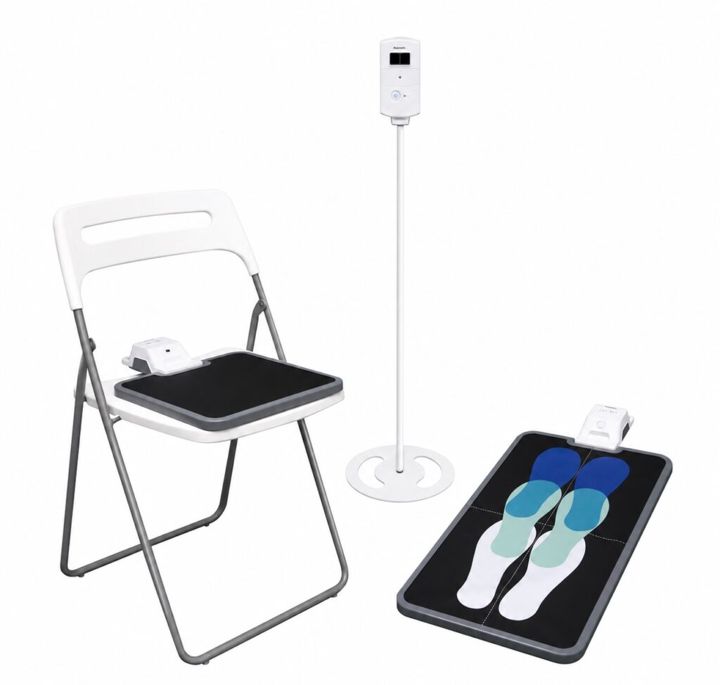 Sistema AndanteFit completo: alfombra de marcha con plantillas sensorizadas, módulo de sentarse y levantarse en silla y sensor en soporte de pie